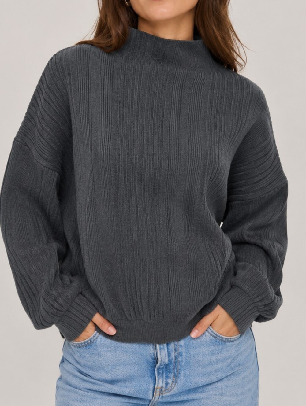 Hello Nite NWT Charcoal Mock Turtle Neck Ribbed Sweater